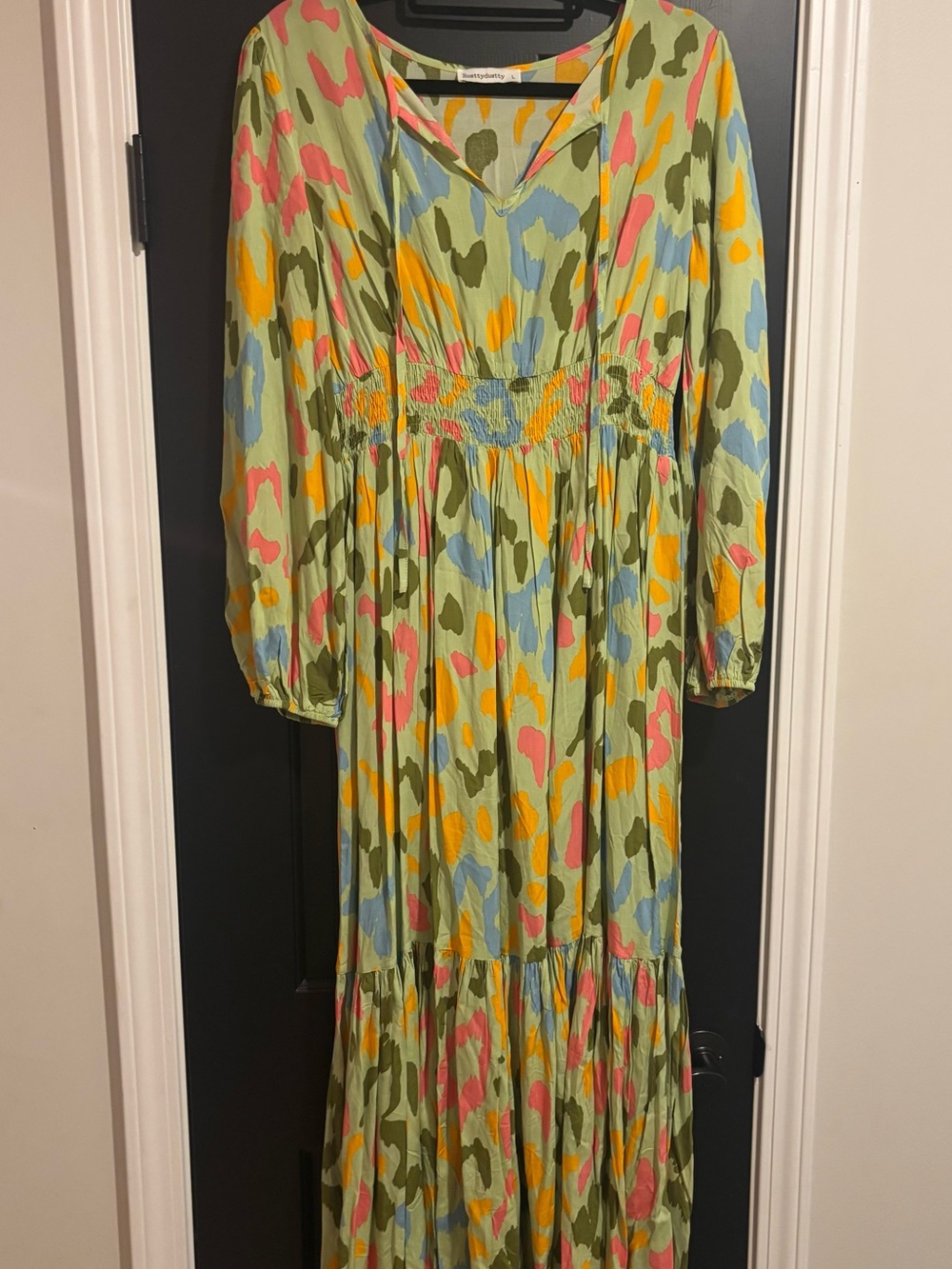 Long Sleeve Tiered Maxi Dress in Sage with Multi-Color Spots. NWOT